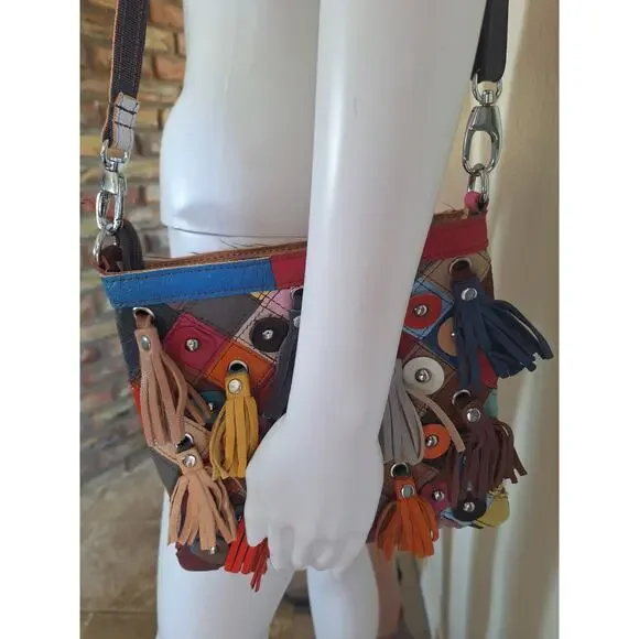 Leather Multicolored Fringe Crossbody 9"x9" NWOT - Picture 5 of 11